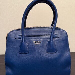 PRADA Double Handle Medium Saffiano Leather Shoulder Bag - Blue